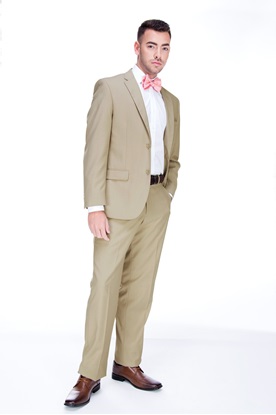 tan suit, pink tie